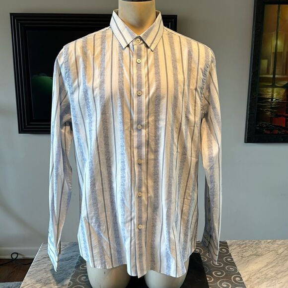 7 Diamonds blue white patterned stripe long sleeve 100% cotton button down shirt - Picture 1 of 9